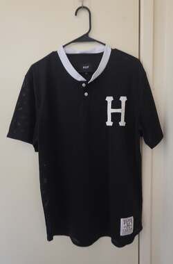 HUF Chavez Baseball Jersey Size M Black Mesh Henley H Logo
